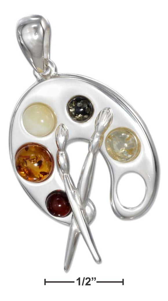 Sterling Silver Artist Palette Pendant with Amber Stones and Brushes - itsthethought