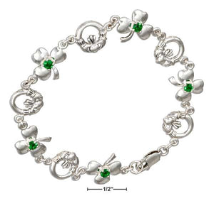 Sterling Silver 7" Claddagh and Shamrock Bracelet with Green Glass - itsthethought