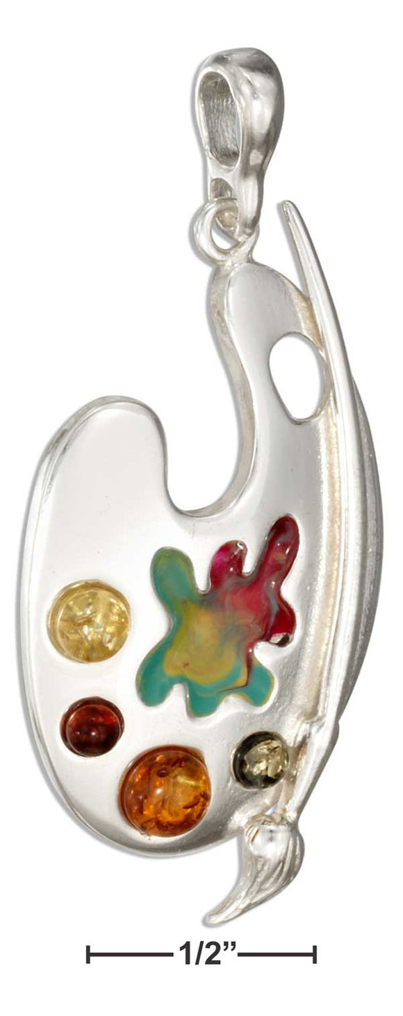 Sterling Silver Artist Palette Pendant with Multicolor Baltic Amber and Enamel - itsthethought